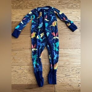 6/12M - LITTLESLEEPIES - Kids Dinosaur Print One Piece Pajama Bamboo - Blue